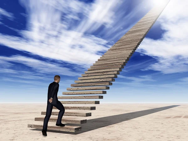 Концепция концептуальный 3D бизнесмен ходьба или восхождение по лестнице на фоне неба с облаками — стоковое фото