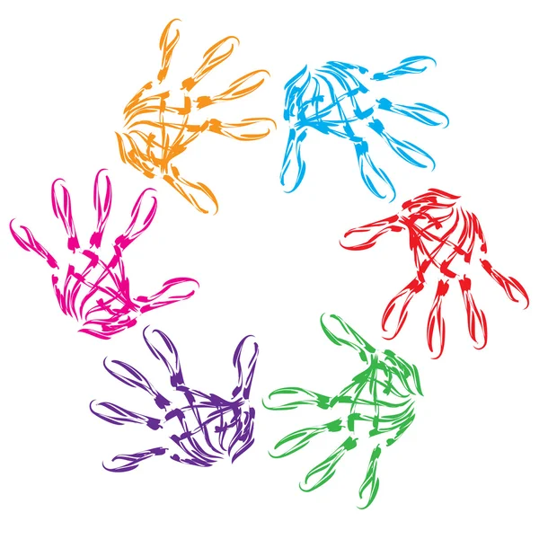 Kavram ya da beyaz arka plan üzerinde izole kavramsal insan çocuk soyut renkli boya el baskı daire simgesi — Stok fotoğraf