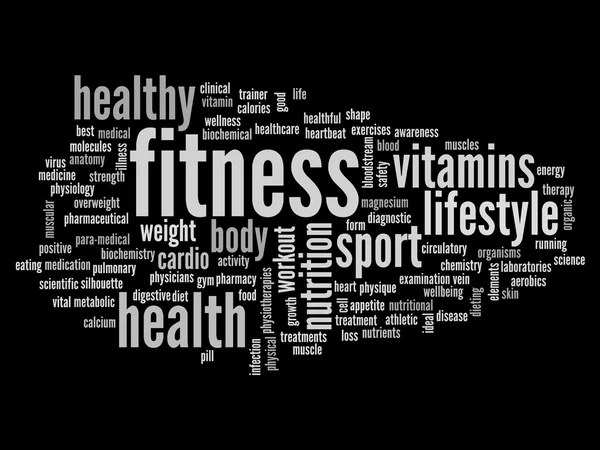 Koncepce s vysokým rozlišením nebo konceptuální abstraktní fitness a zdraví slovo mrak nebo wordcloud na černém pozadí — Stock fotografie