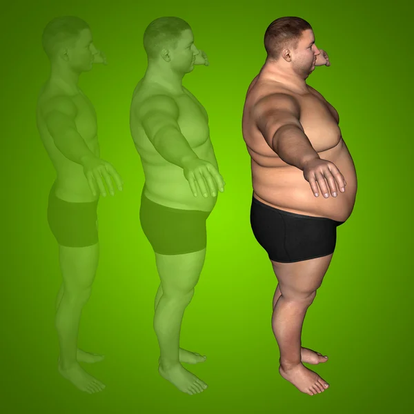 Concetto o concettuale 3D grasso sovrappeso vs dieta slim fit con muscoli giovane uomo sfondo gradiente verde — Foto Stock
