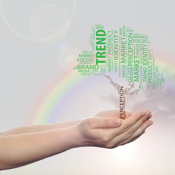Concept or conceptual green tree media word cloud tagcloud in man or woman hand on rainbow sky background — Stock Photo, Image