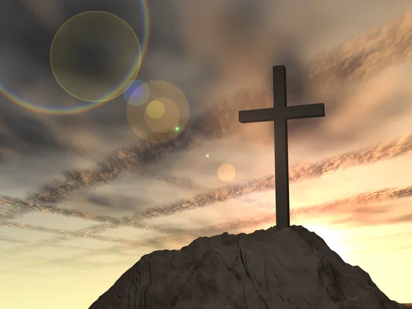 Conceito ou cruz conceitual forma símbolo religião sobre o céu por do sol com nuvens de fundo — Fotografia de Stock