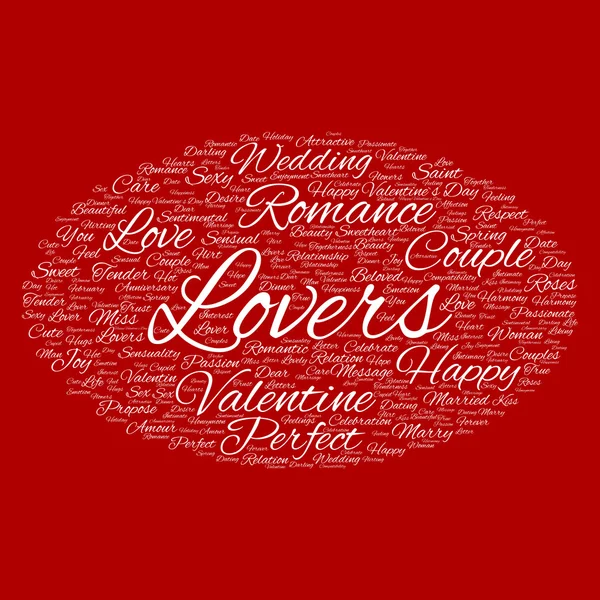 Concept or conceptual white love or Valentine`s Day wordcloud text in shape of ellipse symbol isolated on red background — Stock Photo, Image