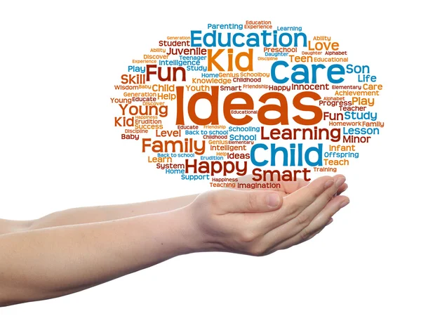 Concept or conceptual child education or family abstract word cloud, human man hand on white background — Stock Photo, Image