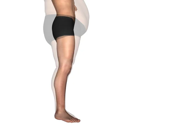 Concepto o conceptual de grasa 3D con sobrepeso vs dieta slim fit con músculos jóvenes aislados sobre fondo blanco — Foto de Stock