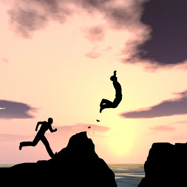 Concepto o conceptual 3D hombre joven o hombre de negocios silueta saltar feliz desde el acantilado sobre la brecha de agua puesta de sol o amanecer cielo fondo — Foto de Stock