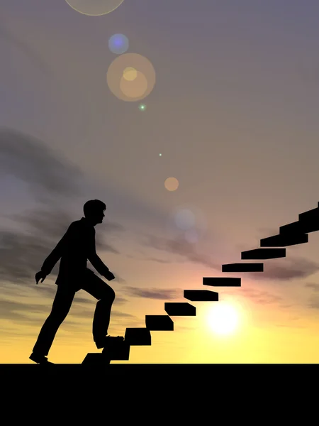 Koncepció, vagy fogalmi 3D-s férfi üzletember lépcső vagy lépéssel odébb napnyugtakor ég háttere — Stock Fotó