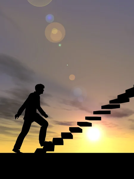 Concept or conceptual 3D male businessman on stair or steps over sunset sky background — Stock Photo, Image