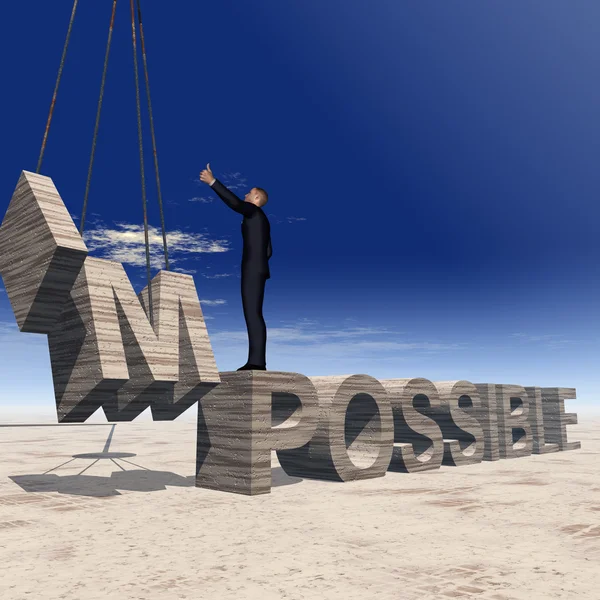 Концепция концептуального 3D бизнес-человека, стоящего над абстрактным камнем невозможный текст на фоне неба — стоковое фото