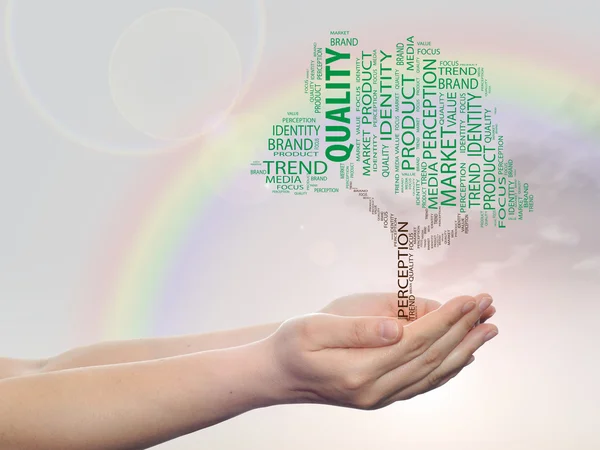 Concept or conceptual tree media word cloud tagcloud in man or woman hand on rainbow sky background — Stock Photo, Image