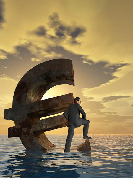 Simbolo dell'euro in moneta concettuale ad alta risoluzione e imprenditore 3D che affonda negli oceani come concetto di crisi europea — Foto Stock