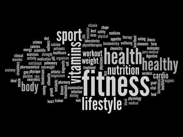 Yüksek çözünürlüklü kavram ya da kavramsal soyut fitness ve sağlık kelime bulutu ya da siyah arka plan üzerine wordcloud — Stok fotoğraf