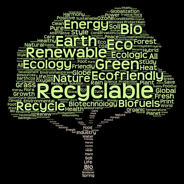 Conceptual green tree made of ecology, recycle or energy text as wordcloud isolated on black background — Stock Photo, Image