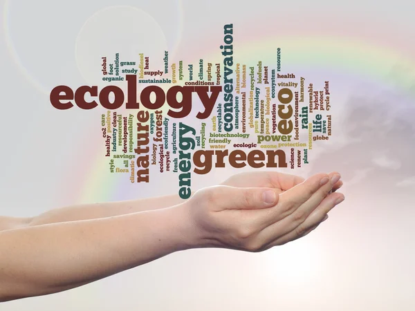 Concept of conceptuele abstracte groene ecologie, instandhouding woord wolk tekst in man hand, regenboog hemelachtergrond — Stockfoto