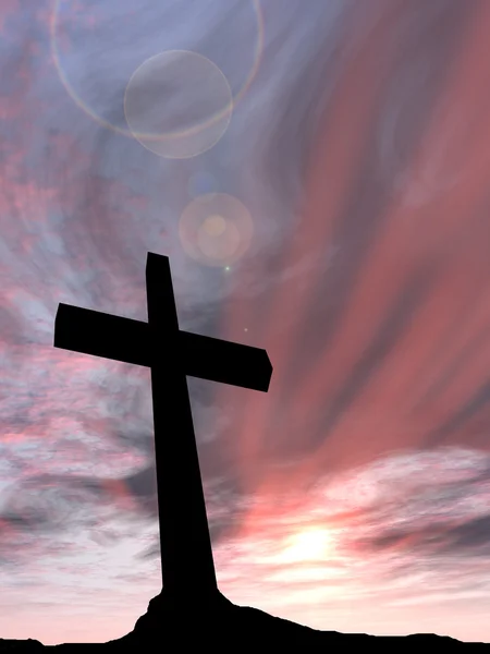 Konzept konzeptionelles schwarzes Kreuz oder religiöses Symbol Silhouette in Felslandschaft über einem Sonnenuntergang oder Sonnenaufgang Himmel mit Sonnenlicht Wolken Hintergrund — Stockfoto