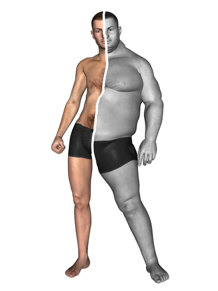 Concetto o concettuale 3D grasso sovrappeso vs slim in forma con i muscoli giovane uomo sulla dieta isolata su sfondo bianco — Foto Stock