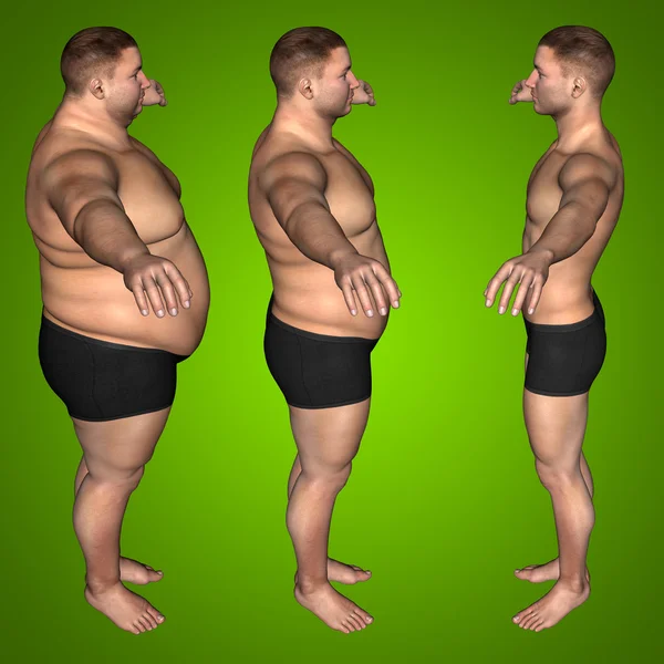 Concept or conceptual 3D fat overweight vs slim fit diet with muscles young man green gradient background — Stock Photo, Image