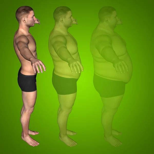 Concepto o conceptual de grasa 3D sobrepeso vs dieta slim fit con los músculos del hombre joven verde gradiente fondo —  Fotos de Stock