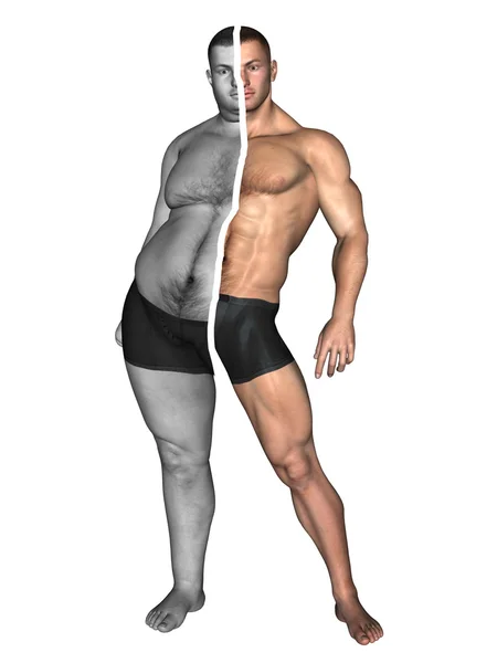Konzept oder konzeptionelle 3D-Fett Übergewicht vs schlanke Passform mit Muskeln junger Mann auf Diät isoliert auf weißem Hintergrund — Stockfoto