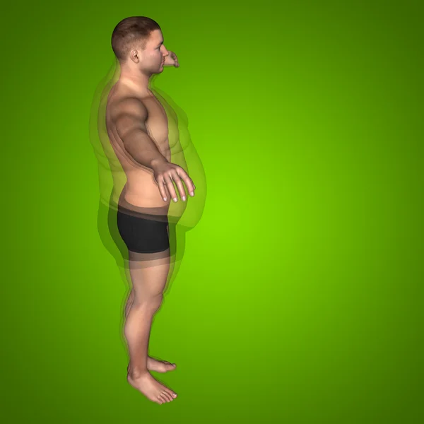 Koncepcja pojęciowy 3d tłuszczu nadwagą vs szczupły sprawny diety lub z mięśni młody człowiek zielone tło gradientowe — Zdjęcie stockowe