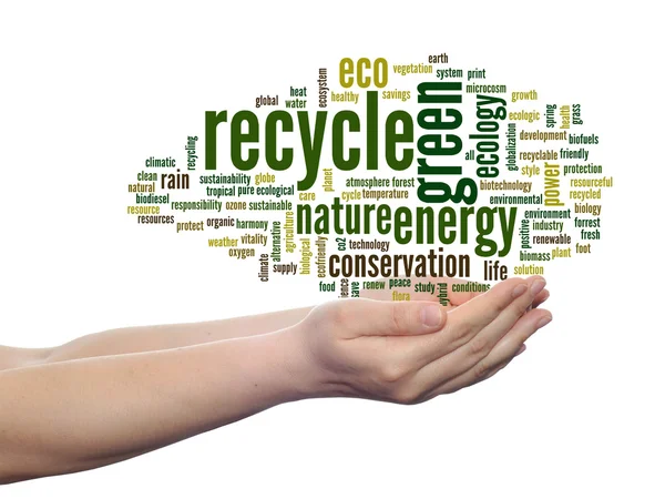 Concept or conceptual abstract green ecology recycle, conservation word cloud text in man hand on white background — ストック写真