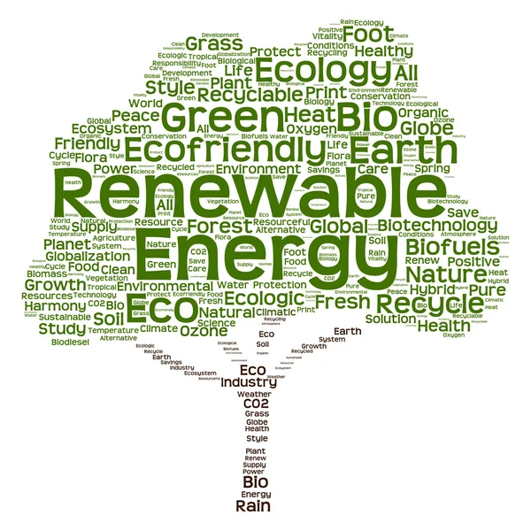 Conceptuele groene boom gemaakt van ecologie, recycleren of energie tekst als wordcloud geïsoleerd op witte achtergrond — Stockfoto