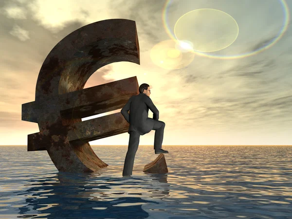 Simbolo dell'euro in moneta concettuale ad alta risoluzione e imprenditore 3D che affonda negli oceani come concetto di crisi europea — Foto Stock