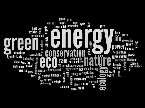 Nagy felbontású koncepció vagy elvont fogalmi zöldenergia és ökológia vagy védelmi szó felhő szöveget fekete háttéren — Stock Fotó
