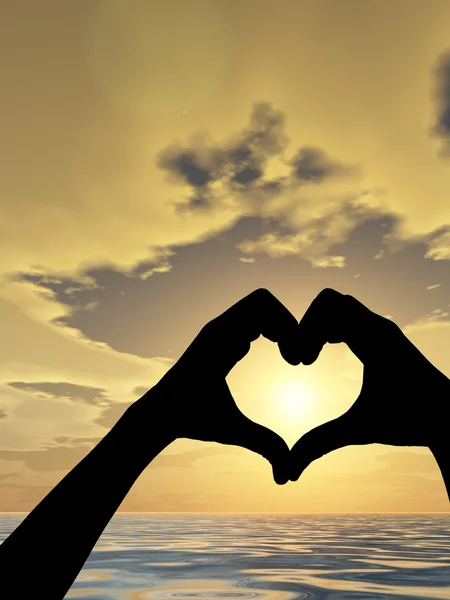 Concepto o forma conceptual del corazón o símbolo hecho de silueta de mano humana o de mujer y hombre sobre un cielo y mar o agua al atardecer — Foto de Stock