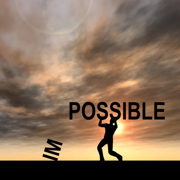 Kavramsal 3d insan adam kavramı ya da işadamı, siyah siluet günbatımında bir imkansız veya olası metin kaldırma