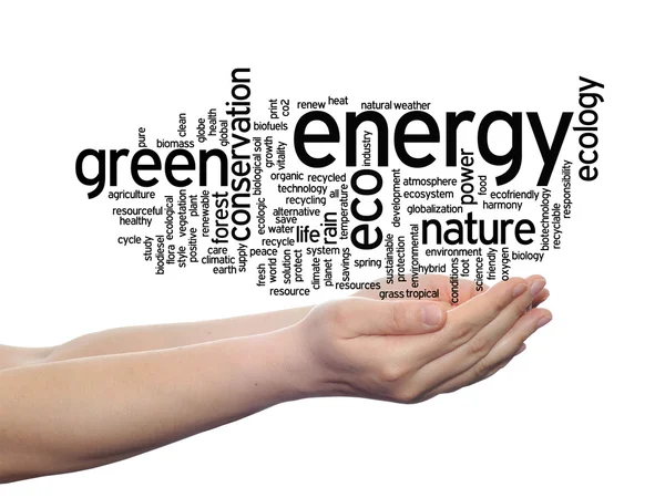 Concept or conceptual abstract green ecology, conservation word cloud text in man hand isolated on background — Stock Photo, Image