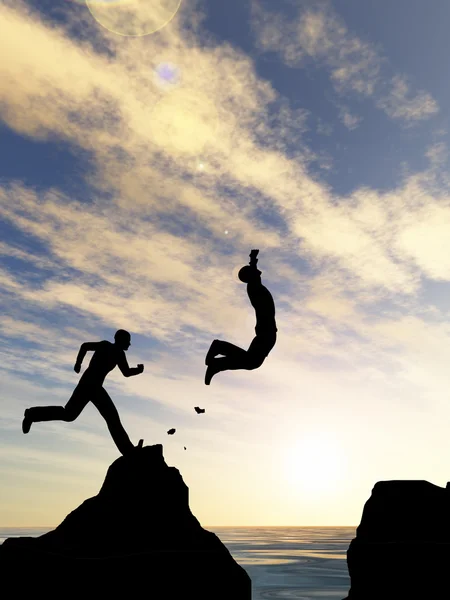 Concept or conceptual 3D young man or businessman silhouette jump happy from cliff over water gap sunset or sunrise sky background — Stock Photo, Image