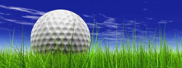 Verde, fresco e natural 3d grama conceitual sobre uma bandeira azul céu fundo com uma bola de golfe no horizonte — Fotografia de Stock