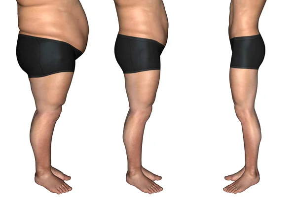 Концепція або концептуальна 3D жирна надмірна вага проти тонкої дієти з м'язами молодий чоловік ізольований на білому тлі — стокове фото