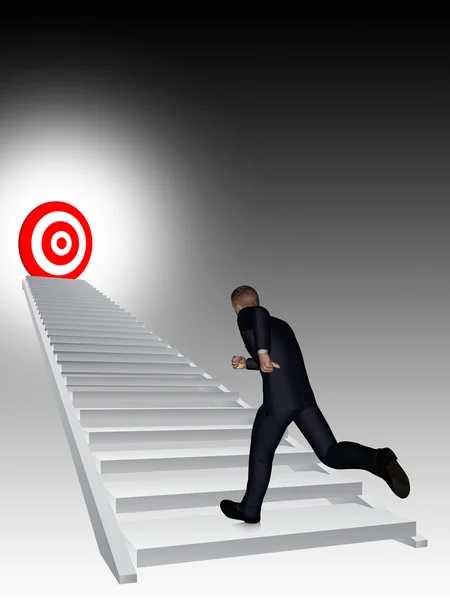 Concepto conceptual hombre de negocios 3D corriendo, escalando la escalera sobre fondo negro con un blanco rojo — Foto de Stock