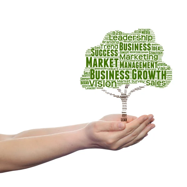 Concept of conceptuele groene boom bedrijf of marketing woord wolk tagcloud in man of vrouw hand geïsoleerd op witte achtergrond — Stockfoto