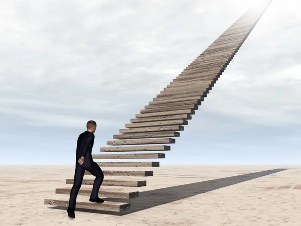 Концепция концептуальный 3D бизнесмен ходьба или восхождение по лестнице на фоне неба с облаками — стоковое фото