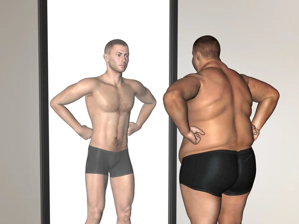 Koncept eller konceptuell 3d fett övervikt vs slim fit med muskler ung man på diet återspeglar i en spegel — Stockfoto