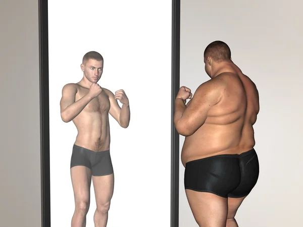 Koncept eller konceptuell 3d fett övervikt vs slim fit med muskler ung man på diet återspeglar i en spegel — Stockfoto