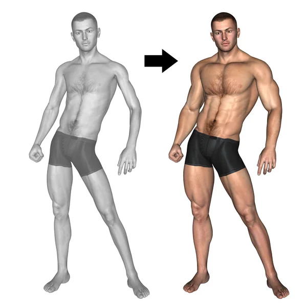 Kavram ya da ince beyaz arka plan üzerinde izole kavramsal 3d güçlü genç erkek vücut geliştirmeci vs kilolu — Stok fotoğraf