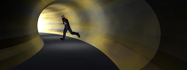 Concept of conceptuele 3d business man, donkere wegtunnel met fel licht op de einde achtergrond banner — Stockfoto