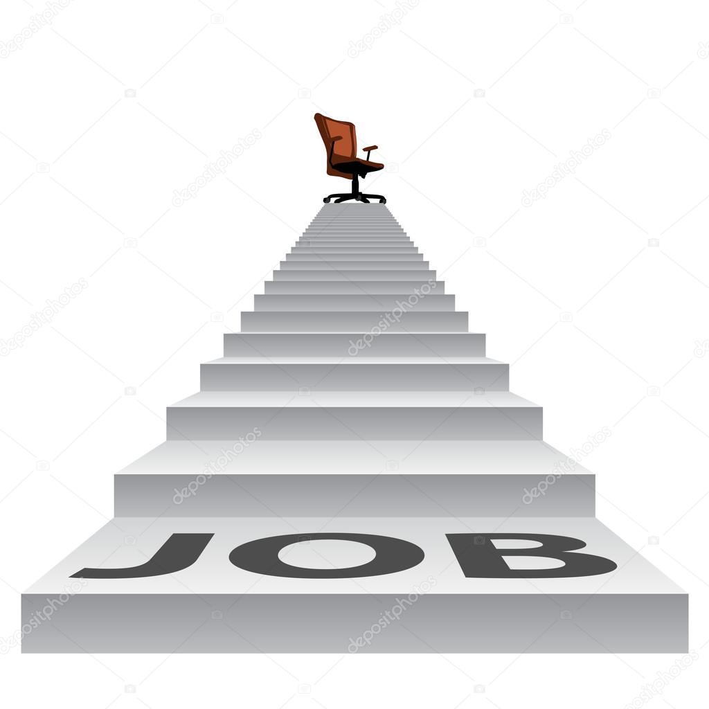 Concept conceptual 3d job stair climbing to a leader,chief or promotion chair on top isolated white background