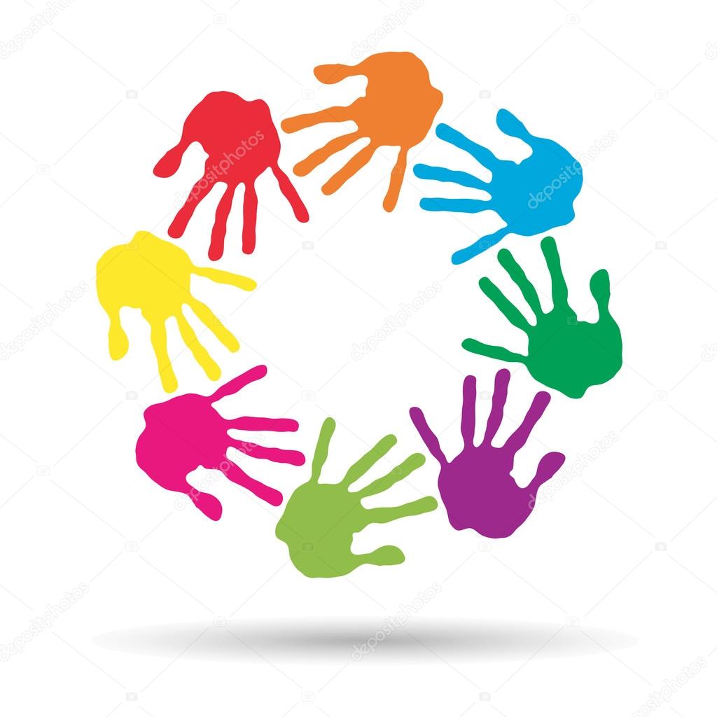 Concetto o cerchio concettuale o insieme a spirale fatta di mani umane verniciate colorate isolate su