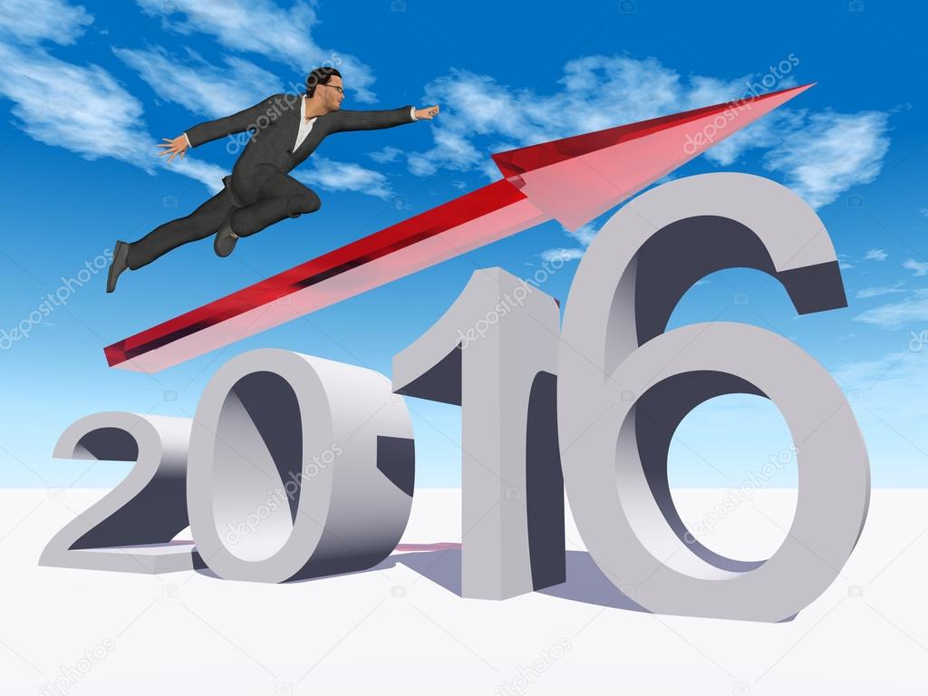 Conceptual 3D human man businessman flying over an red 2016 year symbol with an arrow on blue sky