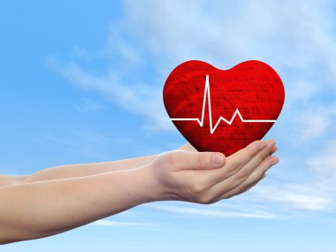 İnsan erkek ya da kadın eller, mavi gökyüzü arka planda tutulan kavramsal 3d kırmızı insan kalp işareti kavramı veya sembolü