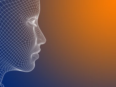 Kavram ya da kavramsal 3d tel kafes genç insan erkek ya da kadın yüzü ya da turuncu mavi arka plan baş