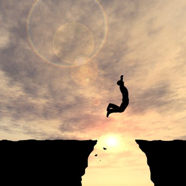 Kavram ya da kavramsal 3d delikanlı ya da işadamı siluet atlamak mutlu boşluğu gündoğumu veya günbatımı gökyüzü arka plan uçurumdan