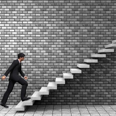 Kavram ya da kavramsal 3d adam ya da bir merdiven veya yakınındaki bir duvar arka plan adımları tırmanma işadamı
