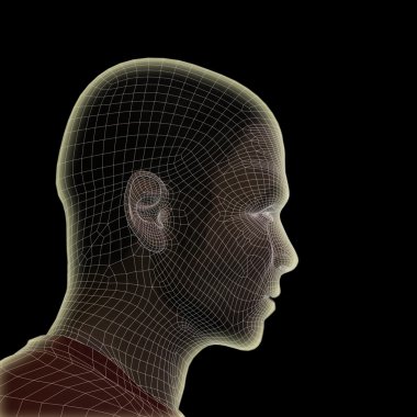 Yüksek çözünürlüklü kavram ya da siyah arka plan üzerine izole kavramsal 3d tel kafes insan erkek kafası