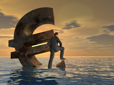 Yüksek çözünürlüklü kavramsal para birimi euro simgesi ve 3d işadamı Avrupa kriz için bir kavram olarak okyanusta batıyor